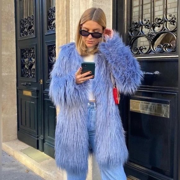 Free People Renata Fur Coat Jacket Oversized Taylor Swift Size XS NWT Blue Lined - Picture 3 of 7